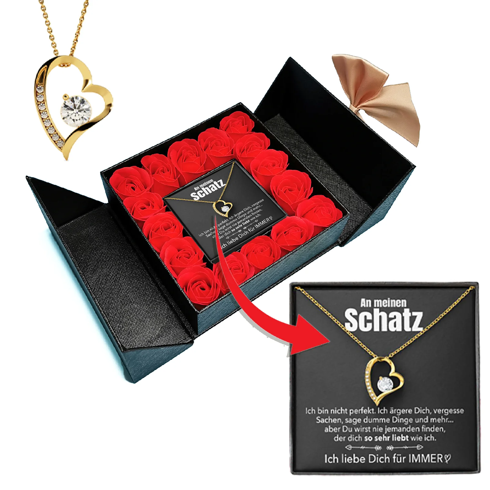 14k Weißgold Ausführung Herz Halskette - Mit echten Rosen - An meinen Schatz - Image 3