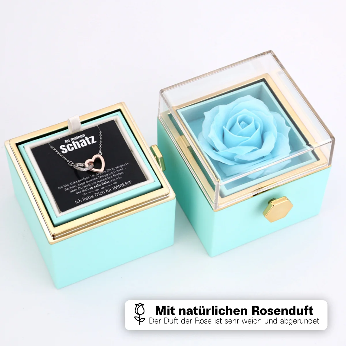 Ewige Rosenbox – mit Doppelherz Halskette, Liebesnotiz und echter Rose - Image 4
