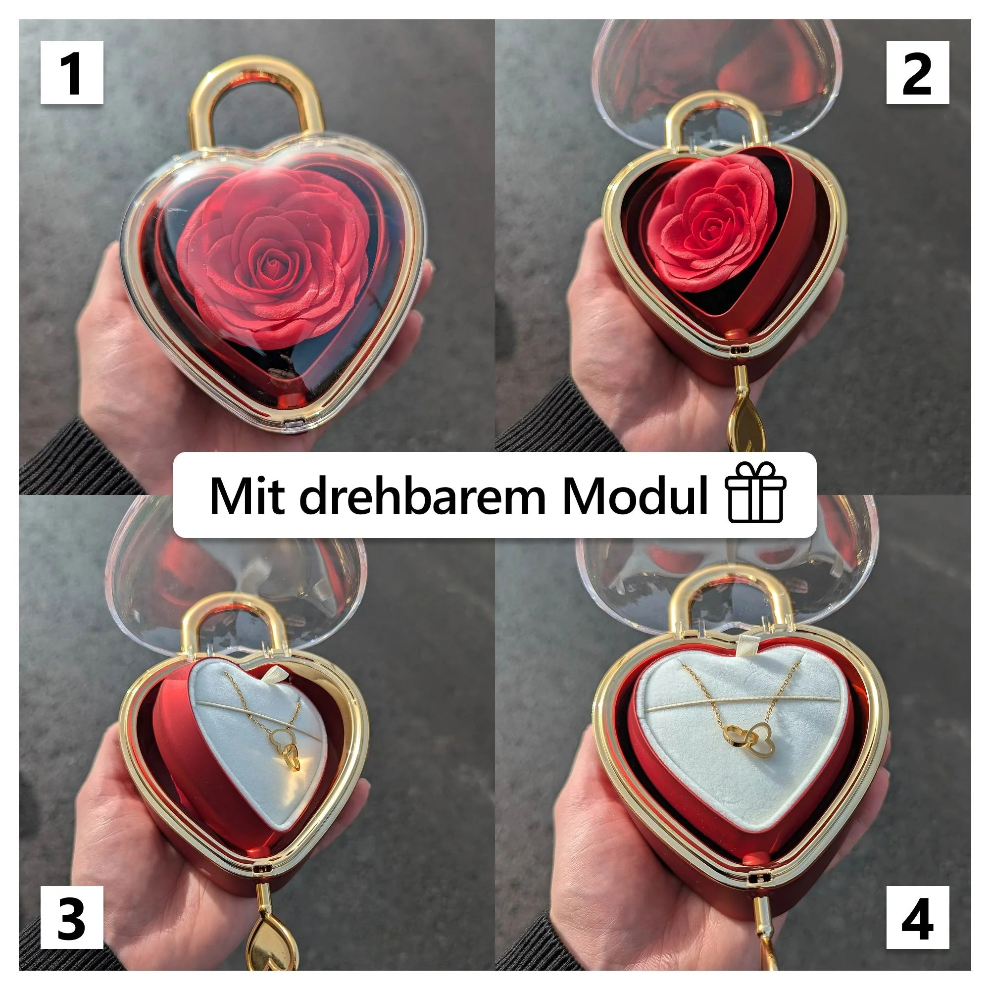 Herzschloss Rosenbox – mit Doppelherz Halskette und echter Rose - Image 2