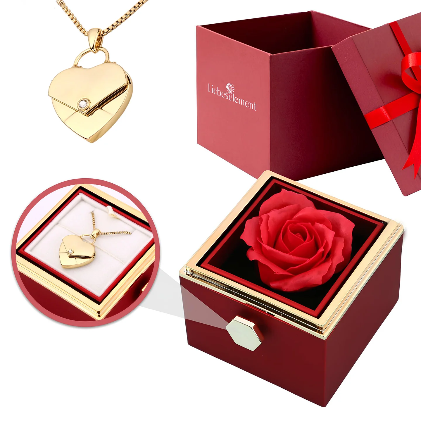 Rosenbox mit Herzkette mit Gravur
