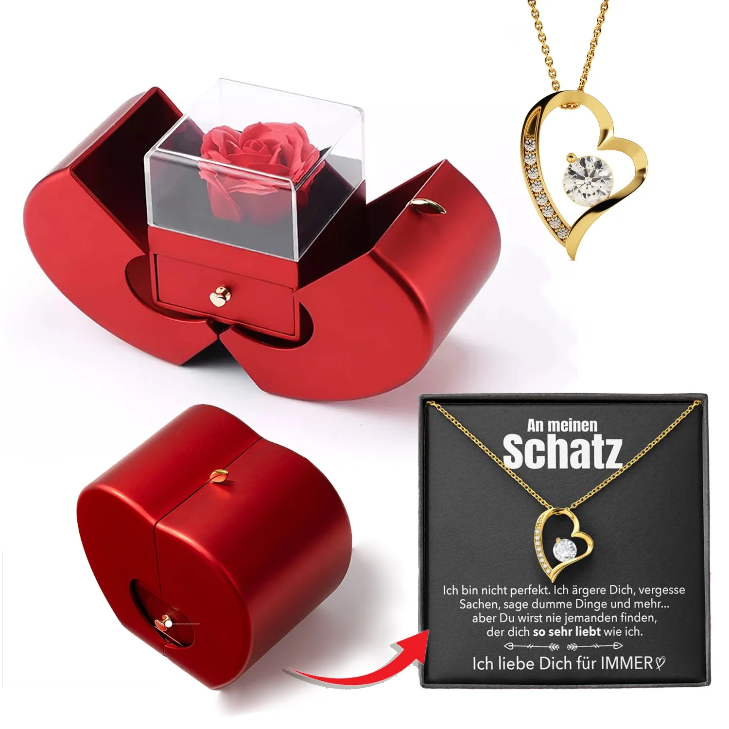 14k Weißgold Ausführung Herz Halskette - Mit echter Rose - An meinen Schatz - Image 3