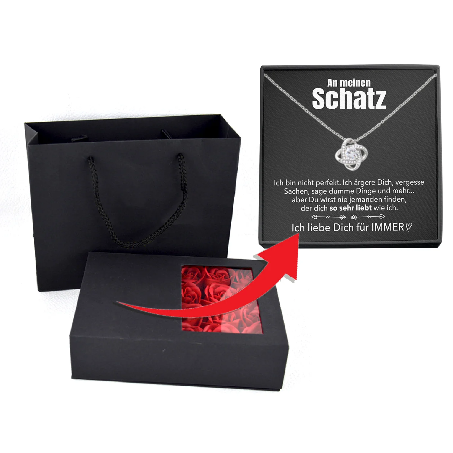 Rosenbox mit Notiz - Weißgold Liebesknoten Halskette - An meinen Schatz - Image 4
