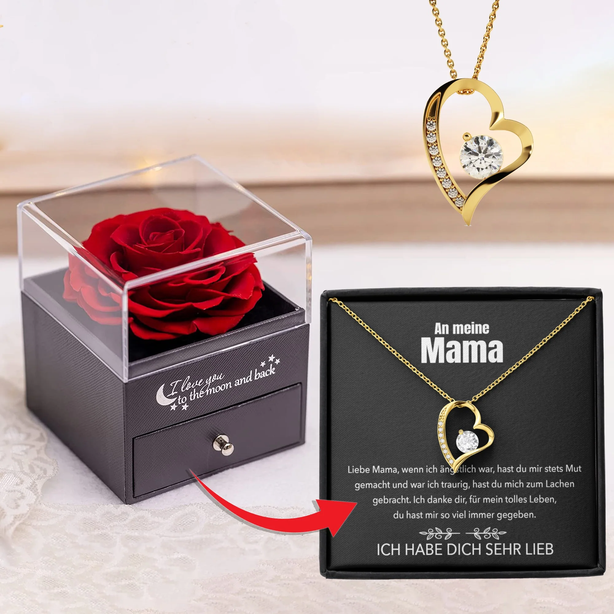 An meine Mama - Rosenbox - Weißgold Ausführung Herz Halskette - Image 3